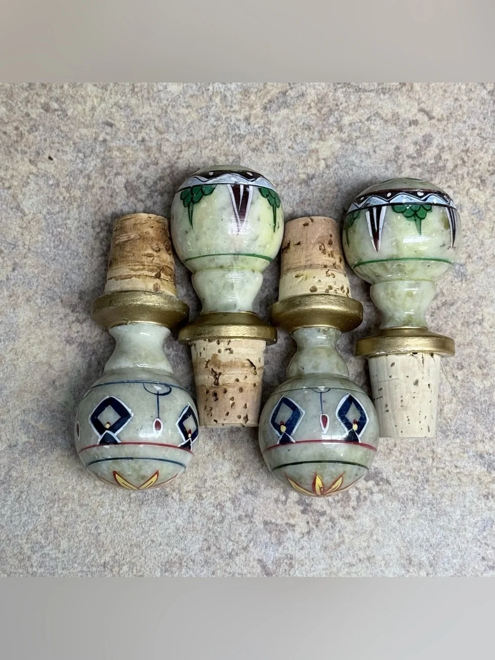 Pier1 Imports 3” Hand Painted Stone Bottle Stoppers Set of Four